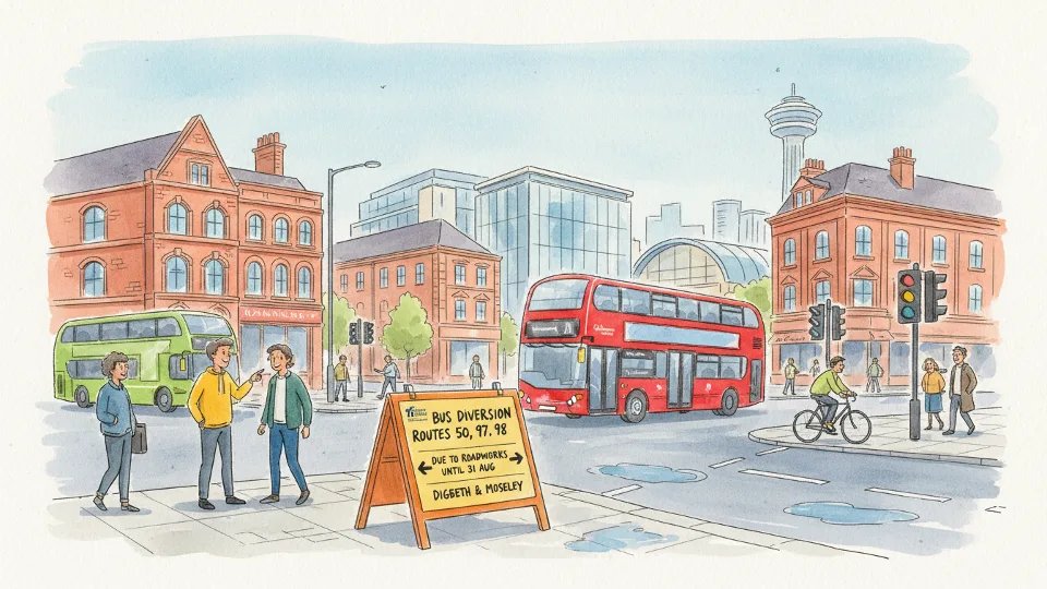 Bus route diversion sign at Birmingham intersection showing temporary route changes