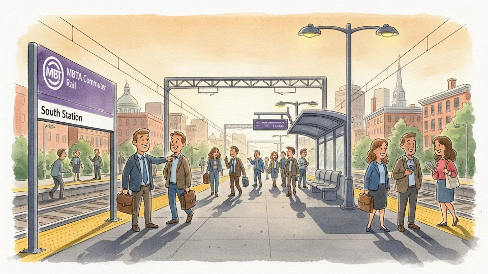 MBTA commuter rail platform with passengers waiting during evening commute