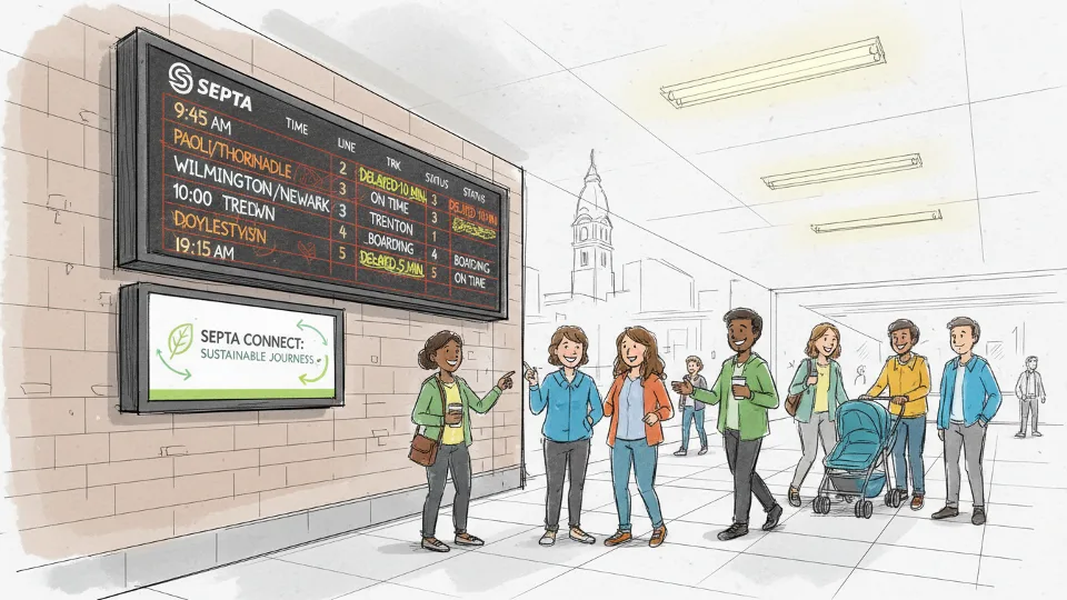 Digital departure board showing train delay information at Philadelphia transit station