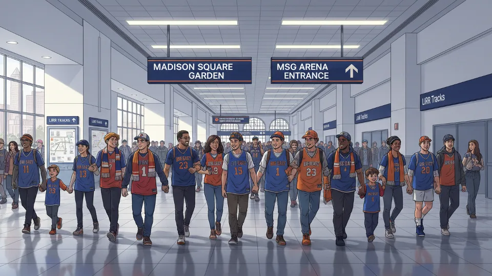 Basketball fans walking through Penn Station concourse toward Madison Square Garden entrance. Crowd of people in team colors moving through modern transit facility. Alt text: LIRR passengers heading to BIGEAST basketball tournament at Madison Square Garden from Penn Station. Composition: Medium shot of concourse showing directional signage and crowd flow toward arena.