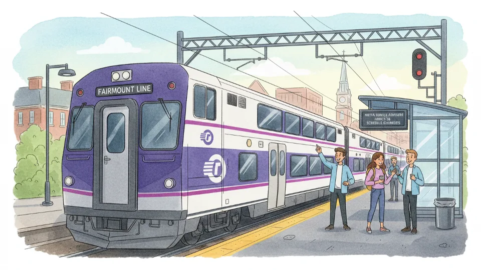 MBTA Fairmount Line commuter rail train approaching station with reduced service schedule visible. Alt text: MBTA Fairmount Line train Boston reduced service March 26. Composition: Side angle of approaching train with station platform in foreground, showing typical weekday service that will be affected by schedule changes.