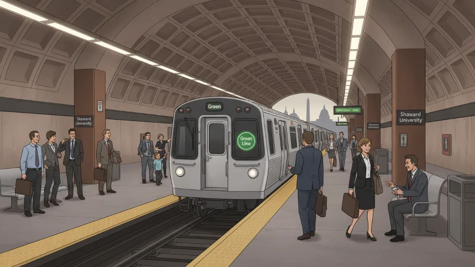 Washington Metro Green Line train at Shaw-Howard station platform with passengers waiting