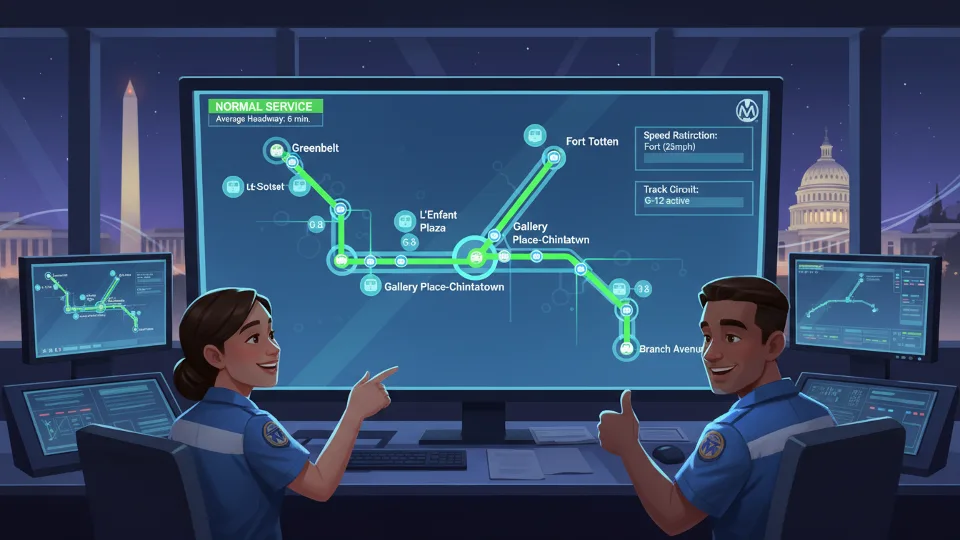 Metro train control center display showing Green Line service status and train positions