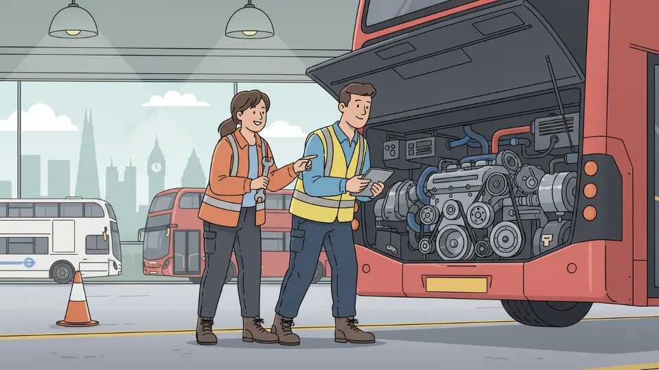 Bus engine compartment with maintenance technician performing inspection