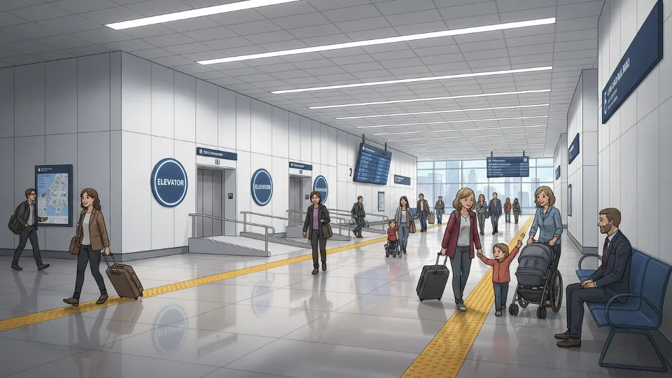 Penn Station LIRR concourse showing improved accessibility features and wide corridors with passengers