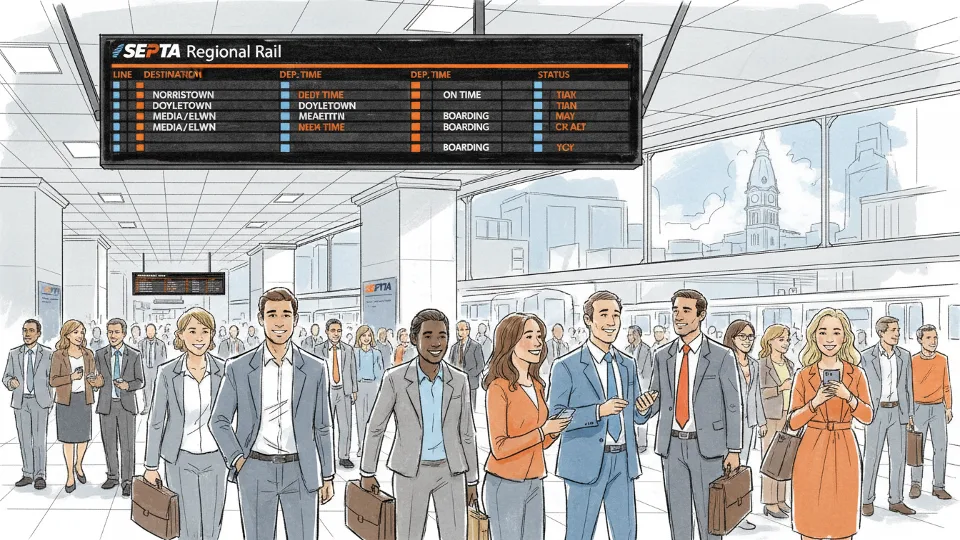 SEPTA passengers checking departure board at Suburban Station in Philadelphia