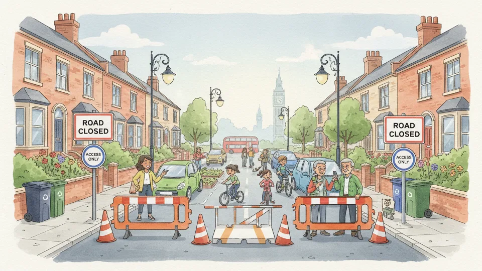 Residential street with road closed signs and traffic barriers blocking vehicle access in British town