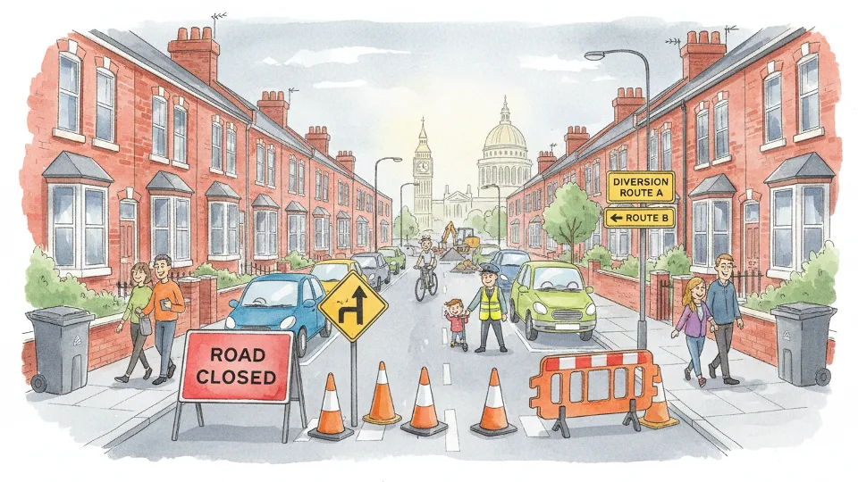 Traffic diversion signs and alternative route markers on British residential street during road closure