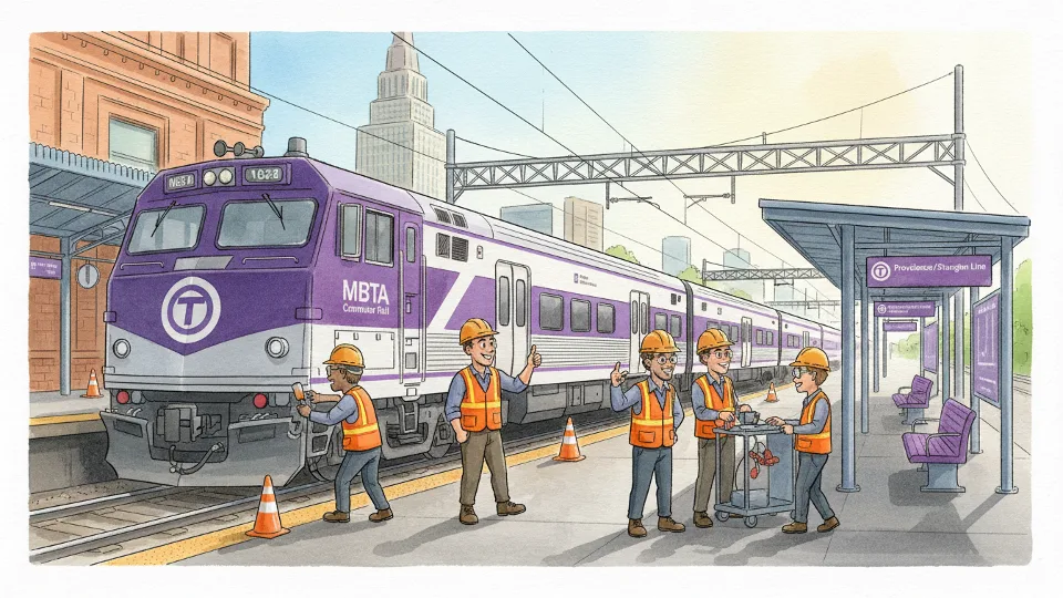 MBTA Providence Line commuter rail train at station with mechanical maintenance crew