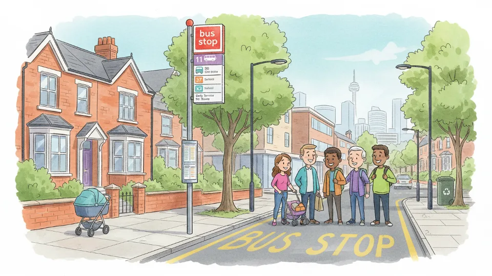 Bus stop sign with route information in Birmingham neighborhood