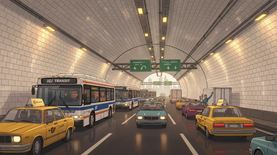 Interior view of Lincoln Tunnel with NJ TRANSIT buses and traffic moving through the tunnel tube