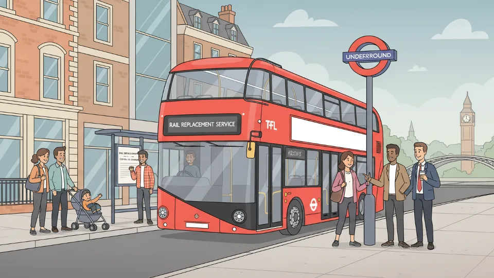 Red double-decker replacement bus with Transport for London livery at Underground station stop
