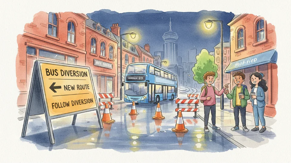 Bus diversion route signage at night showing alternate path around road closure