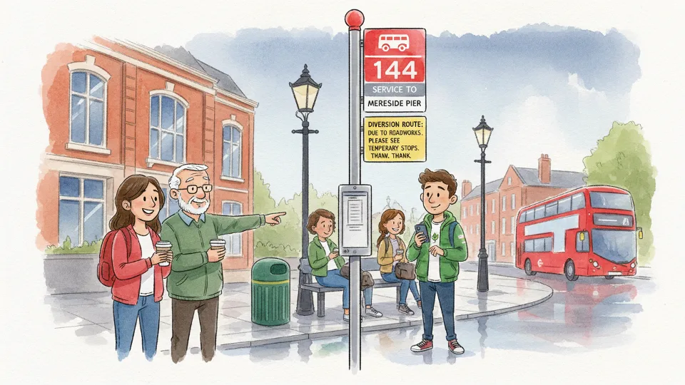 Bus stop sign with route information and passengers waiting. Alt text: Service 144 bus stop Bootle Strand Road diversion route. Composition: Close-up of stop sign with waiting passengers in background showing typical service conditions.