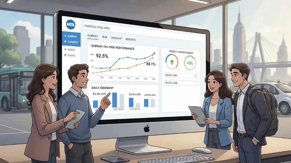Computer screen displaying the metrics.mta.info data visualization dashboard with transit performance charts and ridership graphs
