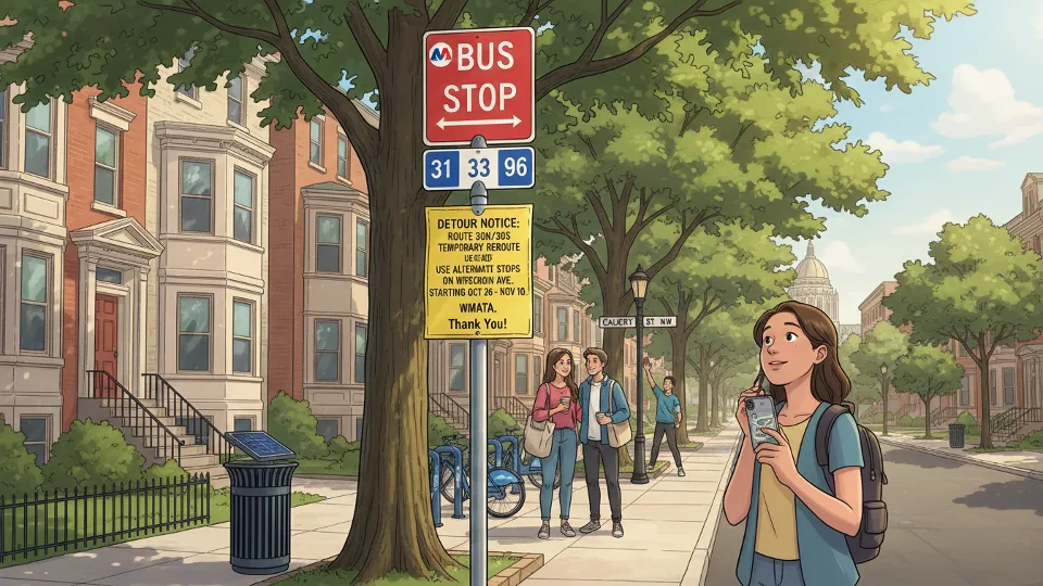 Bus stop sign with detour notice posted in Northwest DC neighborhood