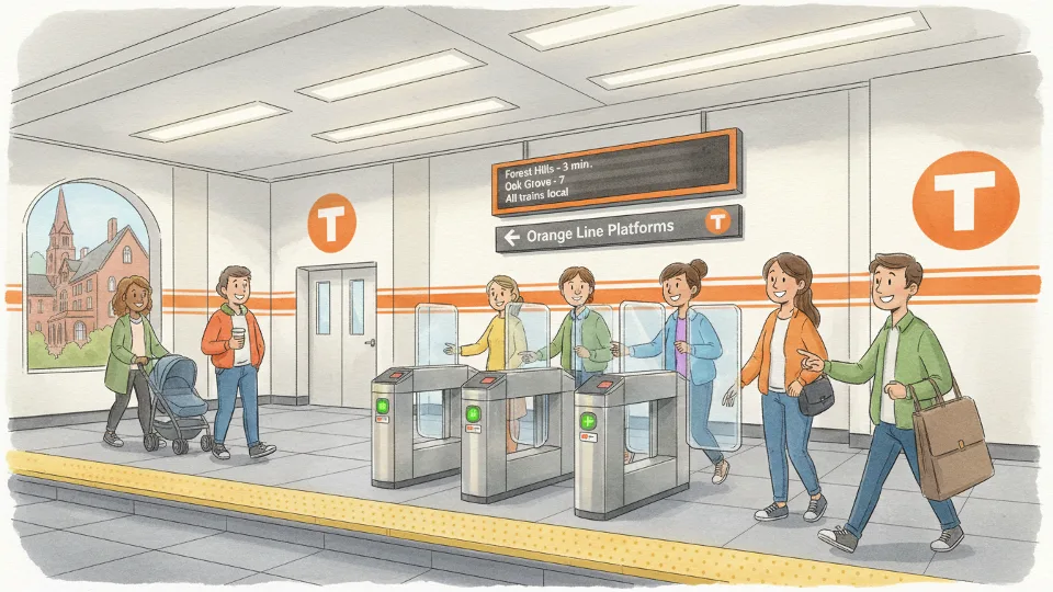 MBTA Orange Line station interior showing electronic departure board and fare gates
