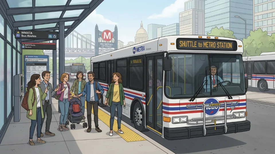 Metro shuttle bus at transit station with passengers boarding