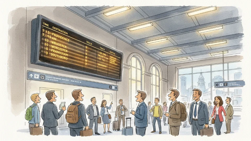 South Station departure board showing train schedules and on-time status with commuters checking information