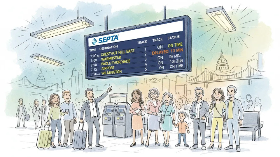 Regional rail departure board showing train schedule and delay information