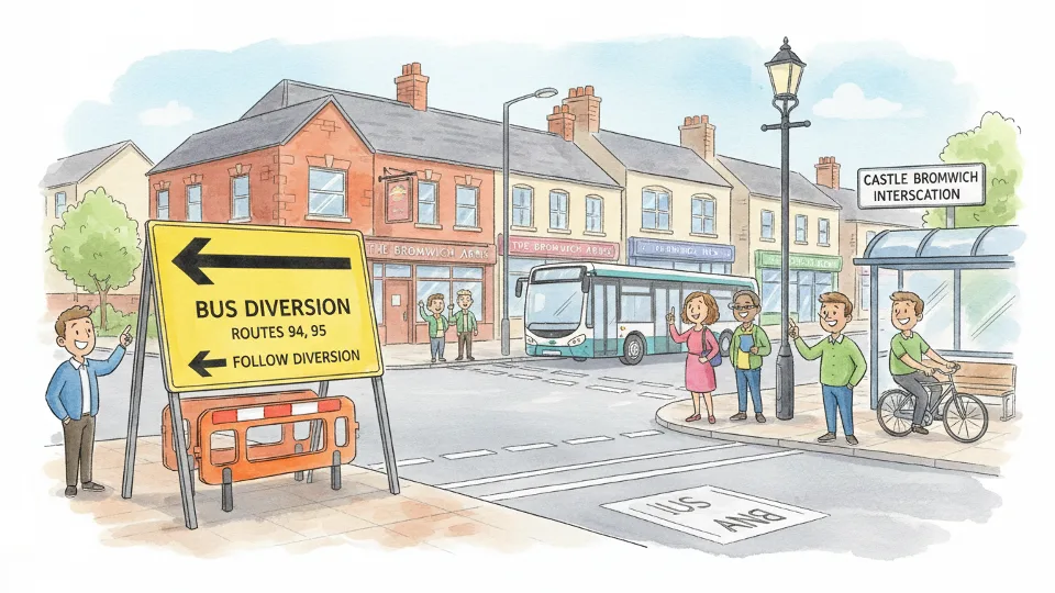 Bus route diversion sign showing alternate path with directional arrows at Castle Bromwich intersection