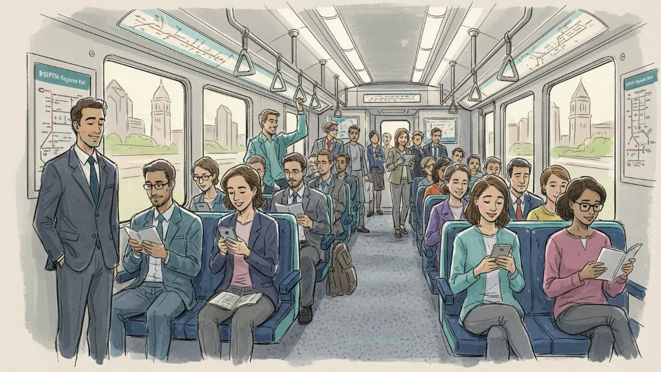 Interior view of SEPTA regional rail car with commuters seated and standing during morning rush. Modern train car interior with passengers checking phones and schedules.