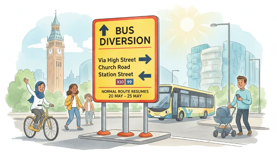 Bus route diversion sign showing alternative path with street names and directional arrows for temporary service changes