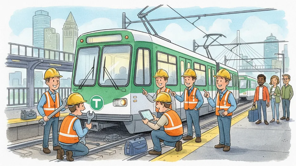 MBTA maintenance crew working on disabled trolley train at transit station