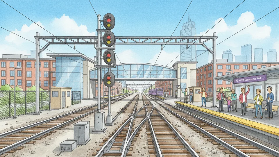 Commuter rail tracks with signal equipment near urban station