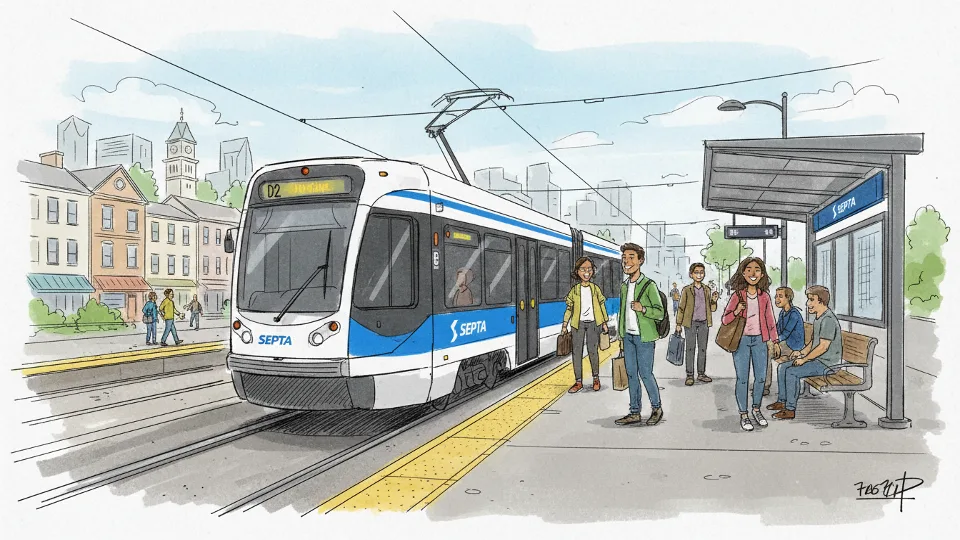 SEPTA D2 trolley at station platform with passengers waiting