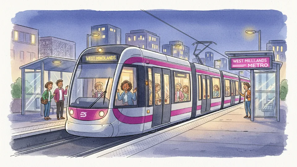 West Midlands Metro tram at station platform during evening hours with interior lights illuminated