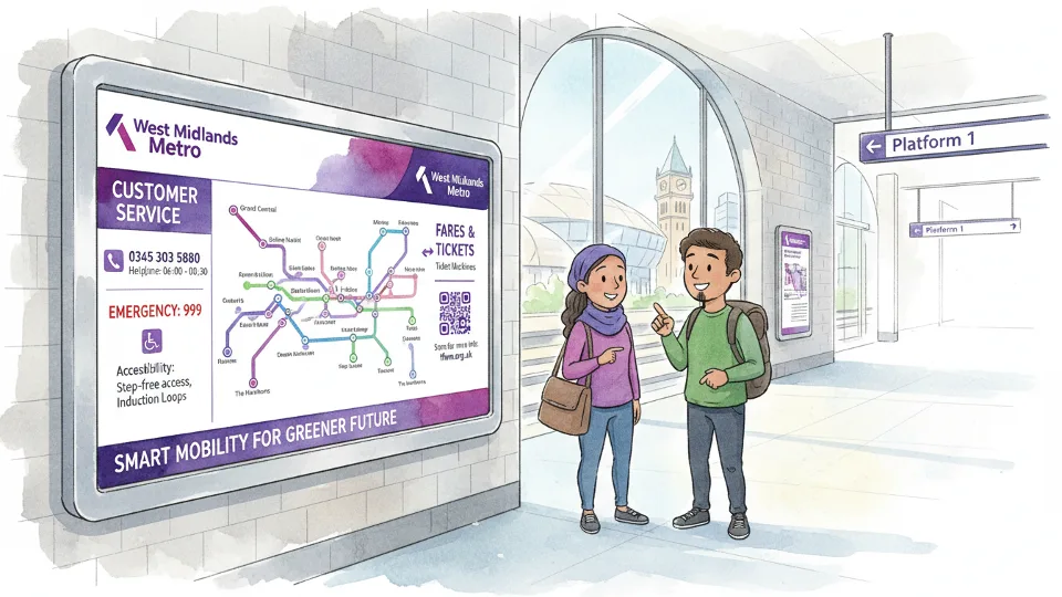 Metro customer service information display at West Midlands transit station