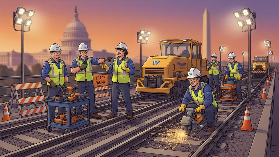 Metro track maintenance equipment and workers performing rail repairs