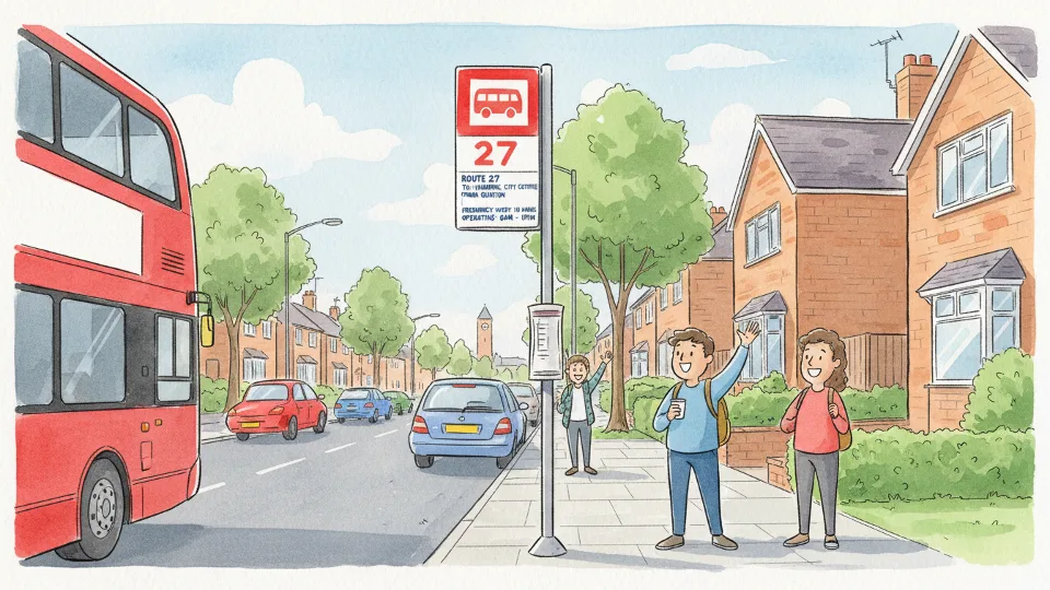 Bus stop sign showing Route 27 service information with residential street in background