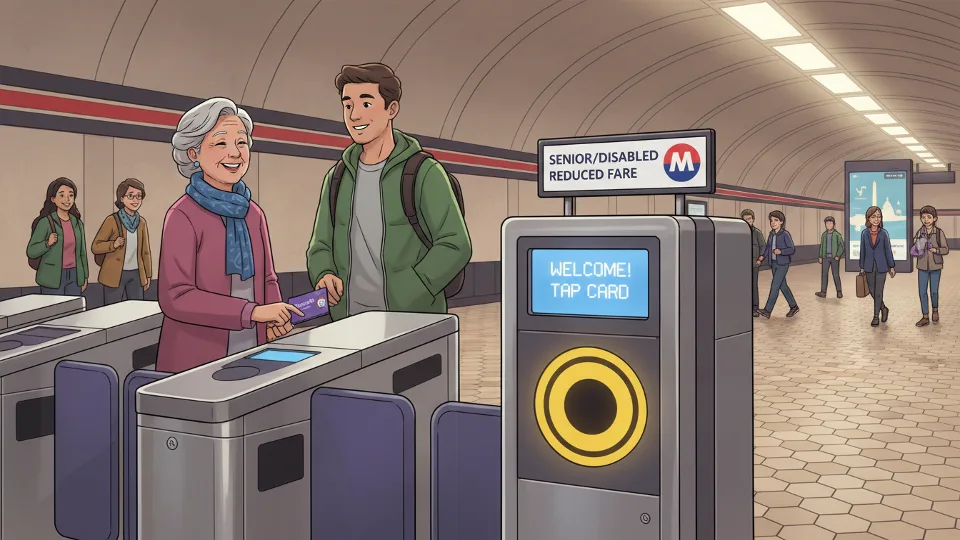 Metro fare card reader at station entrance with senior discount signage
