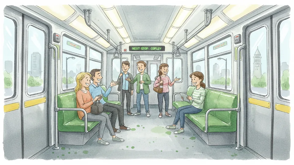MBTA Green Line train interior showing passenger seating and handrails
