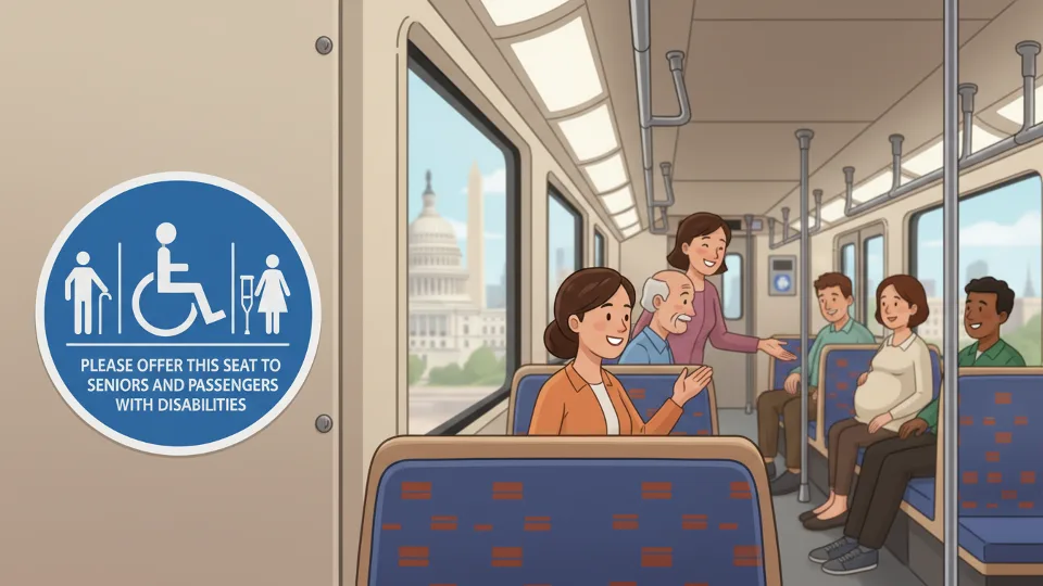 Close-up of priority seating decal showing accessibility symbols and courtesy message on Metro train
