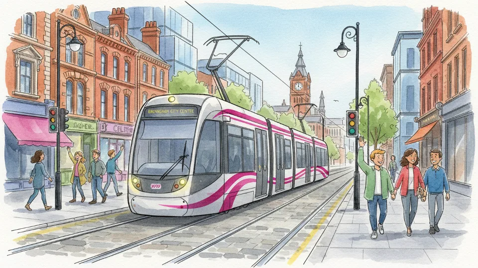 West Midlands Metro tram traveling through urban corridor