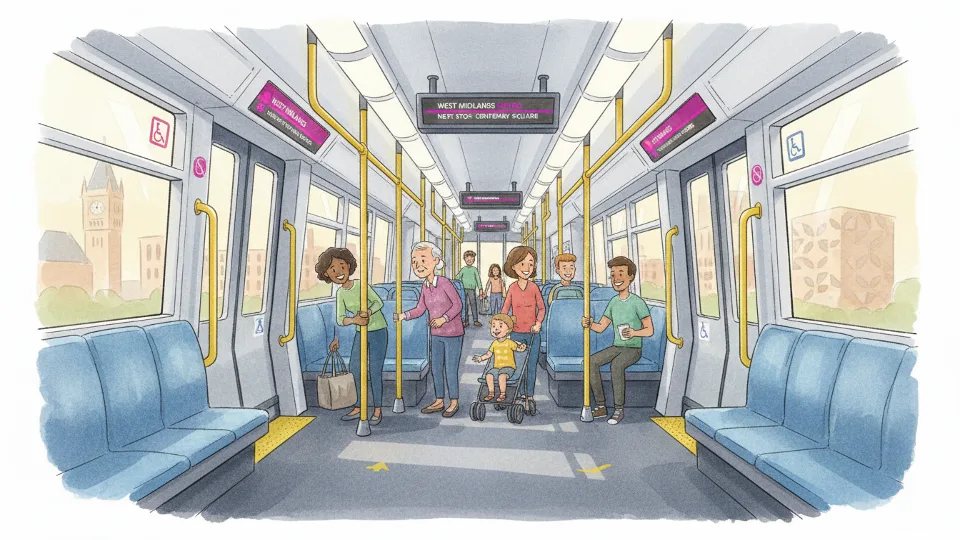 West Midlands Metro tram interior showing passenger seating area