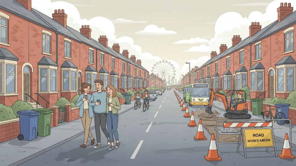Suburban road in North West England with traffic cones and construction zone setup during daytime