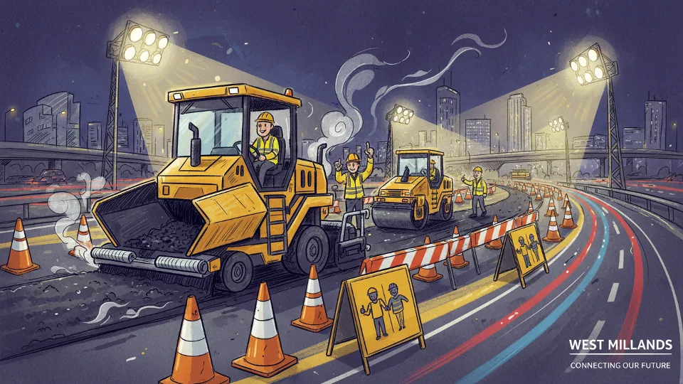 Highway resurfacing equipment and road work zone with traffic cones at night