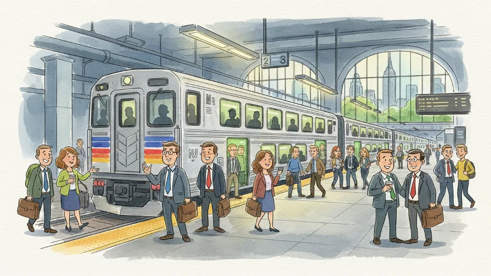 NJ Transit train at Penn Station New York platform with passengers waiting during weekday commute