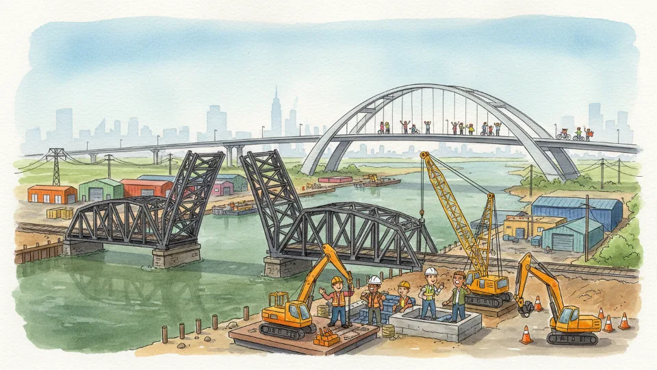 Portal Bridge over Hackensack River with construction equipment and new Portal North Bridge visible in background