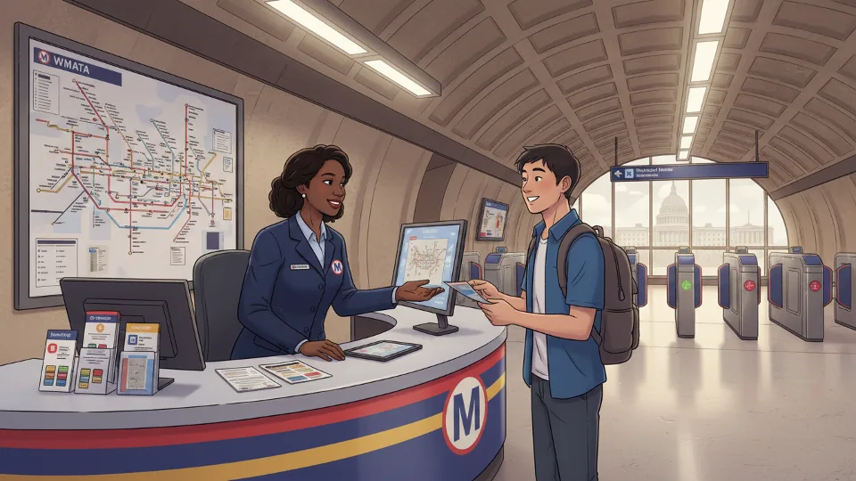 Metro customer service representative assisting transit rider at information desk