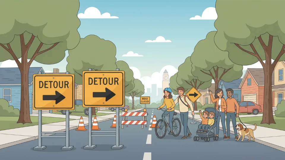 Detour route signs directing traffic around a closed road section in a residential neighborhood