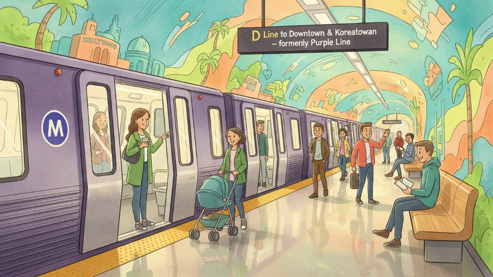 Metro D Line subway train at station with art installation visible on platform walls