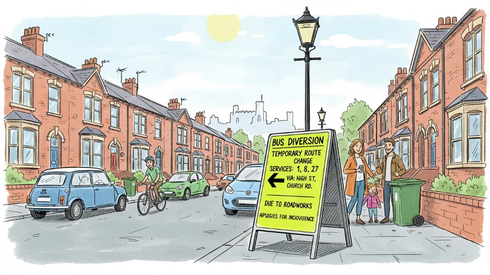 Bus route diversion sign on residential street in Dudley showing temporary route changes
