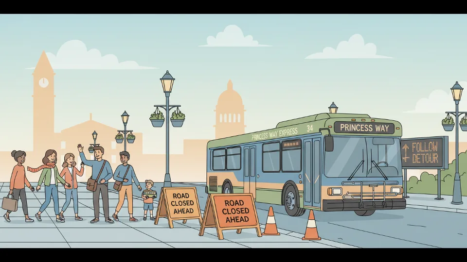 Transit bus passing through Princess Way with road closure signs visible