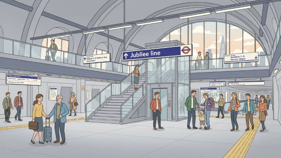 London Bridge station interior showing Jubilee line platform access with directional signage, lifts, and stairways as passengers navigate through the busy transit hub
