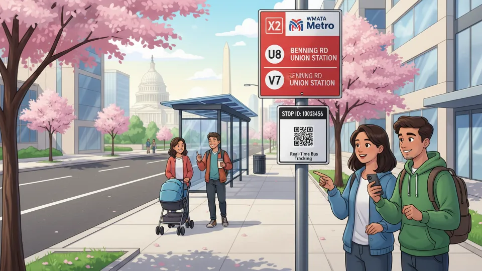 Metro bus route sign and stop identification number posted at transit station